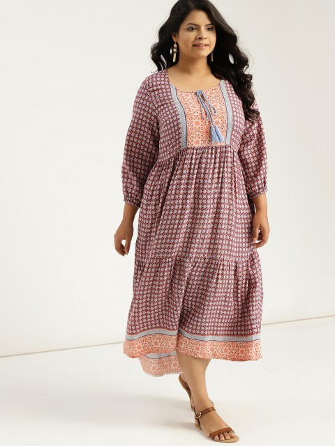 

Sztori Plus Size Women Rust Brown Blue Printed A-Line Dress