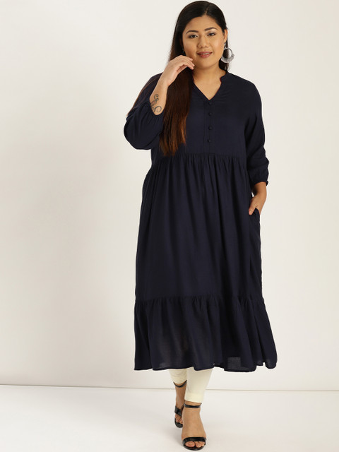 

Sztori Plus Size Women Navy Blue Solid A-Line Kurta