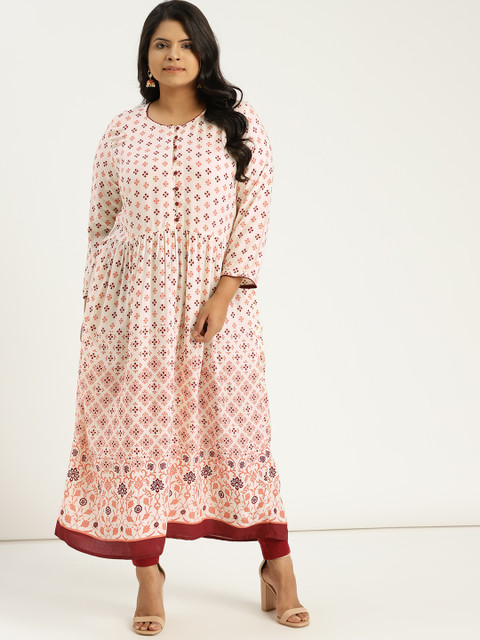 

Sztori Plus Size Women Off-White Maroon Printed A-Line Kurta