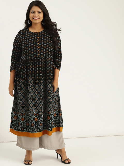 

Sztori Plus Size Women Black Green Printed A-Line Kurta