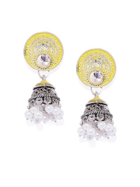 

Alamod Yellow & White Silver-Plated Oxidised Dome Shaped Jhumkas