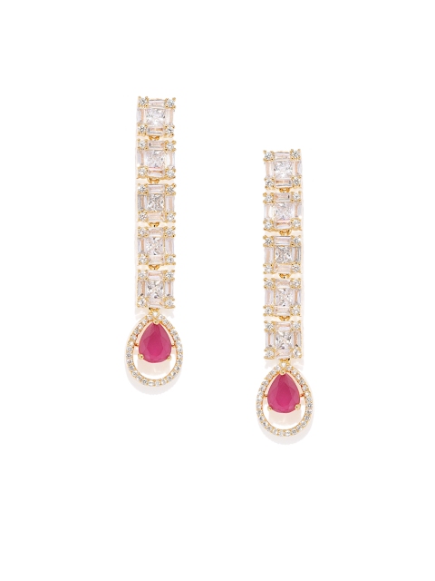 

Alamod Gold-Toned & White Teardrop Shaped Drop Earrings