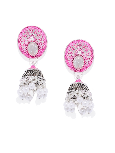 

Alamod Pink & White Silver-Plated Oxidised Oval Jhumkas