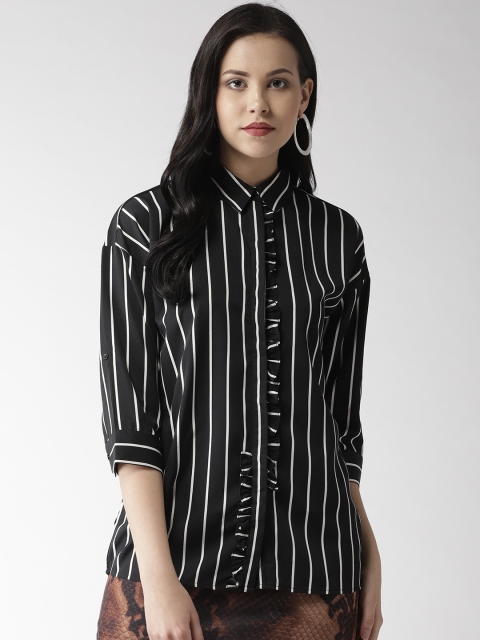 

Madame Women Black & White Regular Fit Striped Casual Shirt