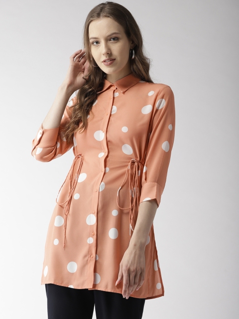 

Madame Women Peach-Coloured & White Dot Print Longline Casual Shirt