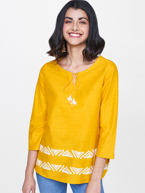 

Global Desi Women Mustard Yellow Printed Top