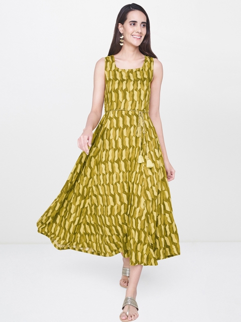 

Global Desi Women Olive Green Printed Fit and Flare Midi Dress