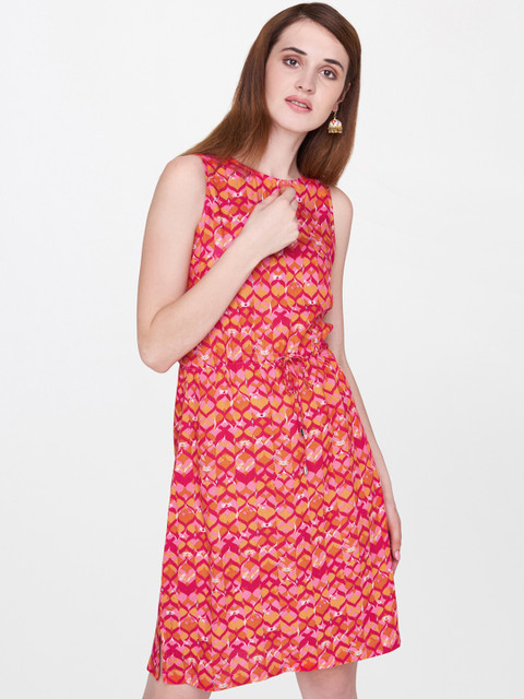 

Global Desi Women Pink & Yellow Printed A-Line Dress