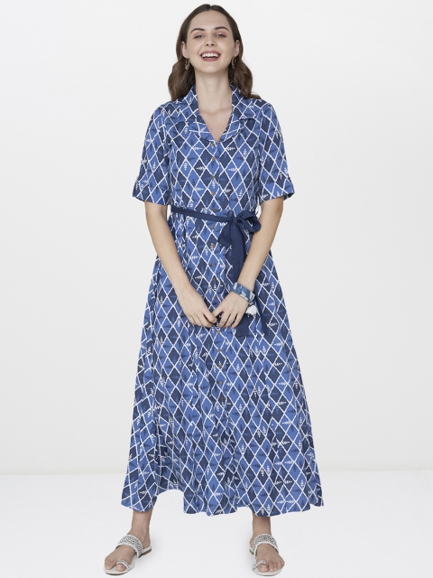 

Global Desi Women Blue Printed Fit and Flare Maxi Dress