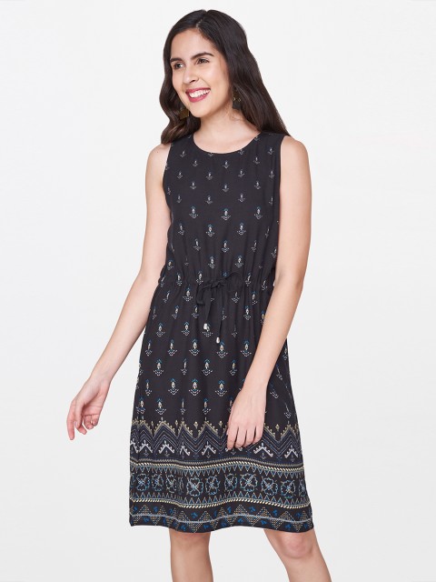 

Global Desi Women Black Printed A-Line Dress