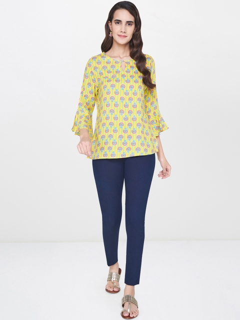 

Global Desi Women Yellow & Sea Green Printed Top, Mustard