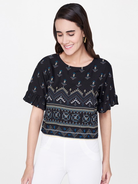 

Global Desi Women Black Printed Crop Top