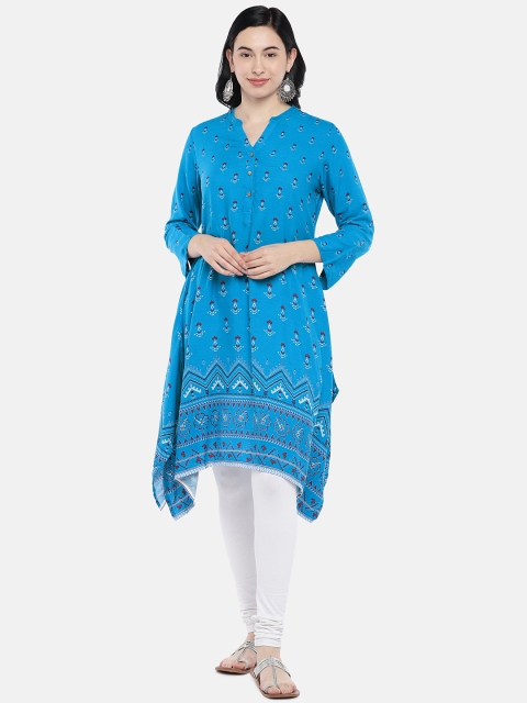 

Global Desi Women Blue Printed Asymmetric A-Line Kurta