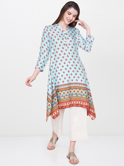 

Global Desi Women Blue Printed A-Line Asymmetric Kurta