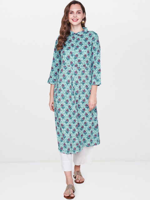 

Global Desi Women Blue & Pink Printed A-Line Kurta