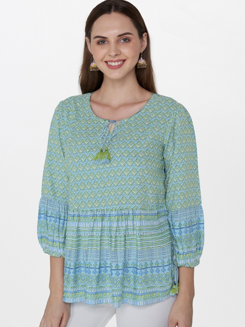 

Global Desi Women Blue & Green Printed A-line Top