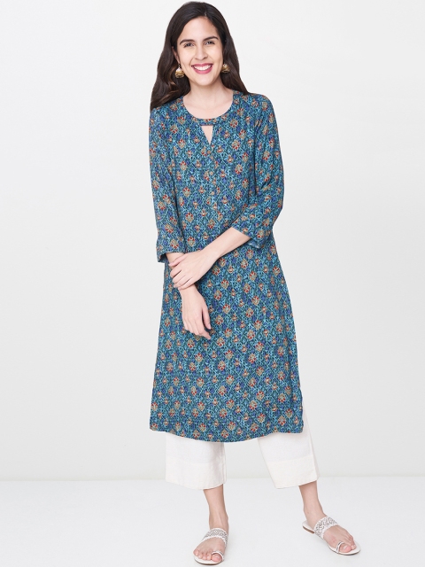 

Global Desi Women Teal Blue Printed A-Line Kurta
