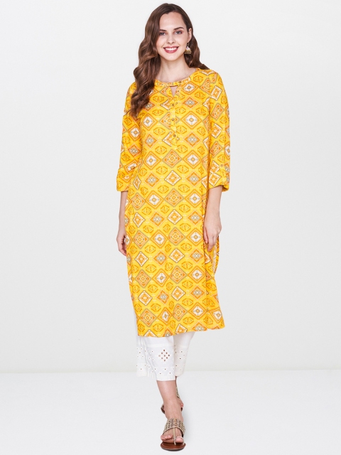 

Global Desi Women Yellow & Orange Printed Straight Kurta