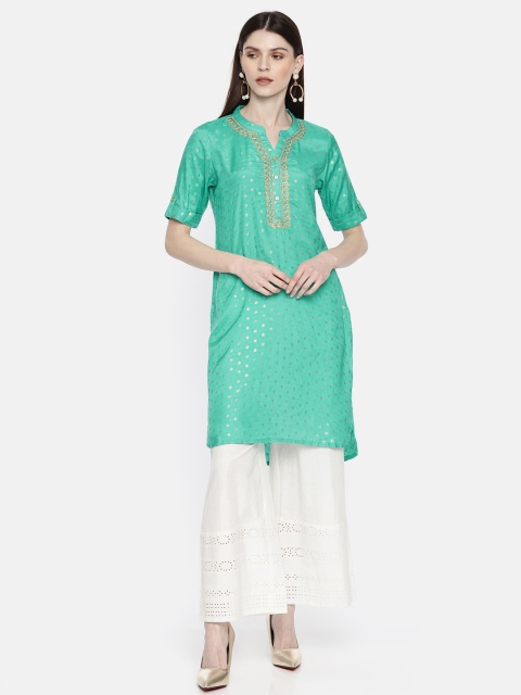 

Global Desi Women Sea Green & Gold-toned Printed Straight Kurta