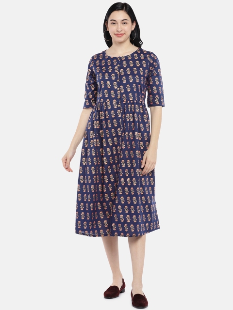 

Global Desi Women Navy Blue & Red Printed A-Line Ethnic Dress