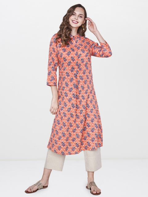 

Global Desi Women Coral Pink & Blue Printed Straight Kurta