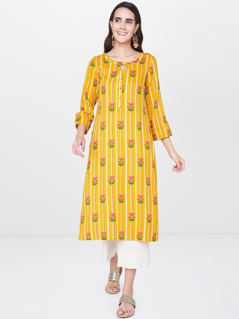 

Global Desi Women Mustard Yellow Floral Printed Straight Kurta