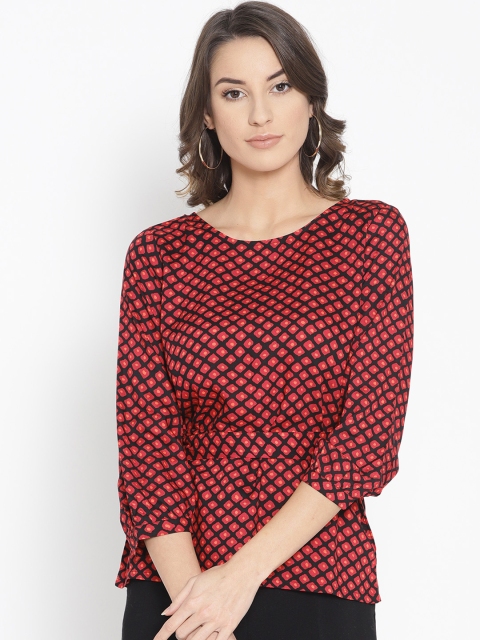 

Global Desi Red & Black Printed Cinched Waist Top