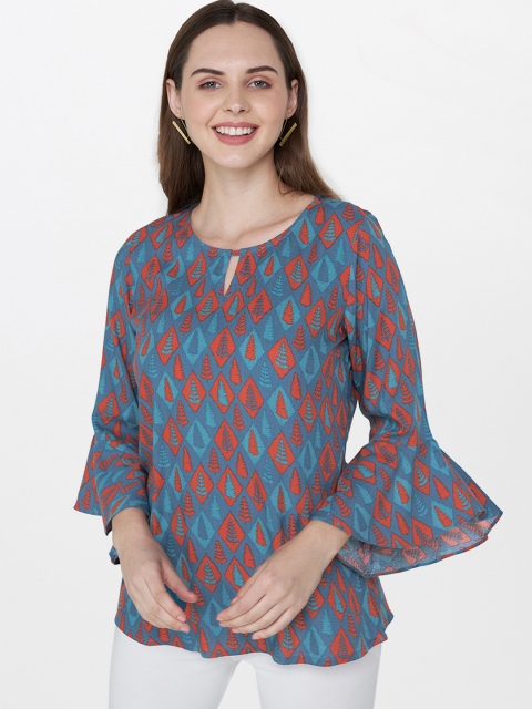 

Global Desi Women Teal Blue & Red Printed Top