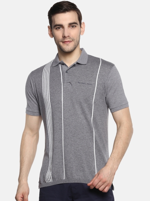 

Peter England Casuals Men Grey White Striped Polo Collar Pure Cotton T-shirt