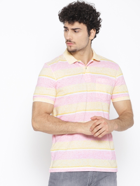 

Peter England Casuals Men Yellow & Pink Striped Polo Collar T-shirt