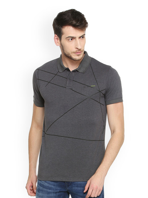 

Peter England Casuals Men Black Self Design Polo Collar T-shirt