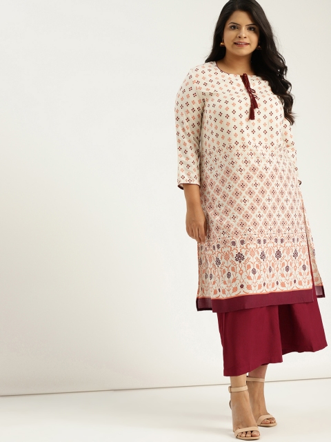 

Sztori Plus Size Women Off-White Maroon Printed Kurta with Palazzos