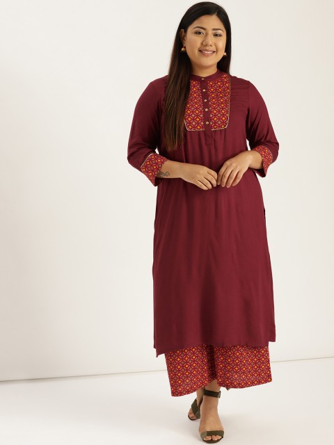 

Sztori Plus Size Women Maroon Pink Yoke Design Kurta with Palazzos