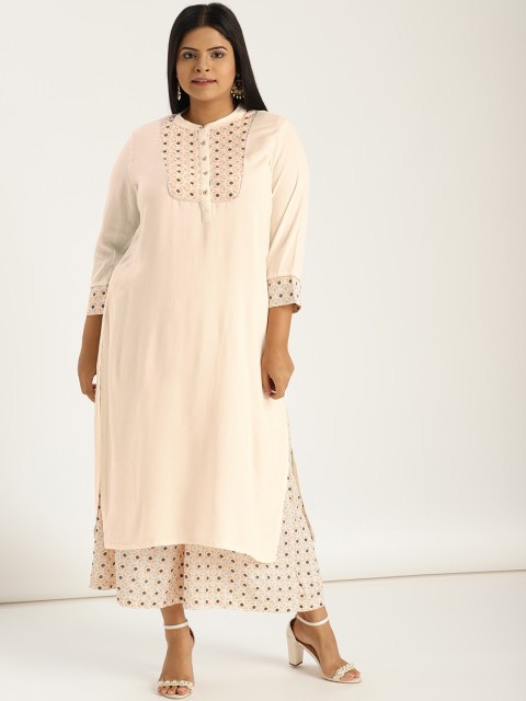 

Sztori Plus Size Women Off-White Peach-Coloured Yoke Design Kurta with Palazzos