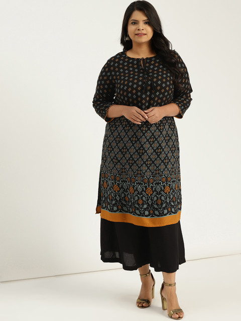 

Sztori Plus Size Women Black Green Printed Kurta with Palazzos
