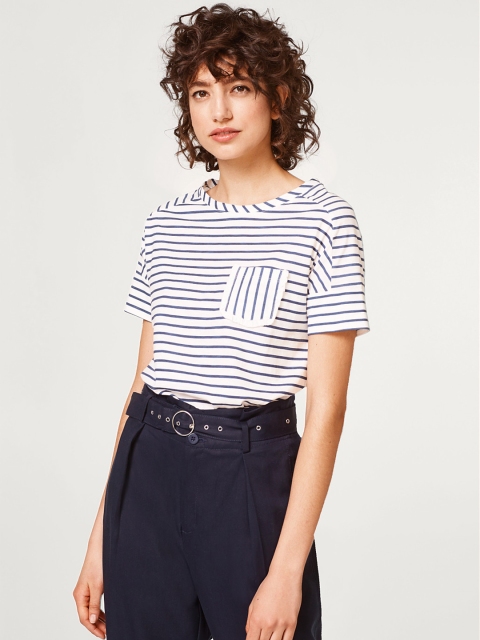 

ESPRIT Women White & Navy Blue Striped Round Neck T-shirt