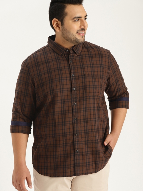 

Sztori Plus Size Men Brown Navy Blue Regular Fit Checked Casual Shirt