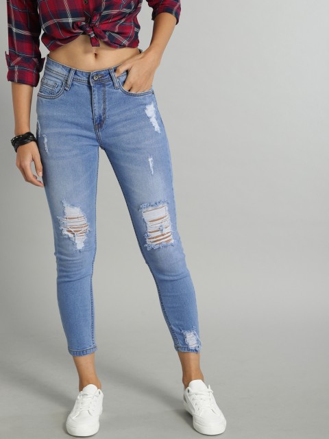 

The Roadster Lifestyle Co Women Blue Skinny Fit Mid-Rise Highly Distressed Stretchable Cropped Jeans