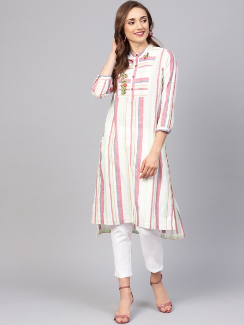 

Jaipur Kurti Women White & Red Striped Kurta with Trousers