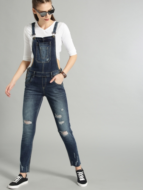 

Roadster Blue Slim Fit Washed Distressed Denim Dungarees