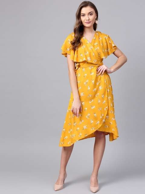 

Femella Women Mustard Yellow & White Printed Wrap Dress
