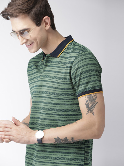

Mast Harbour Men Green Navy Blue Striped Polo Pure Cotton T-shirt