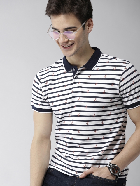 

Mast & Harbour Men White & Navy Blue Striped Polo Collar T-shirt
