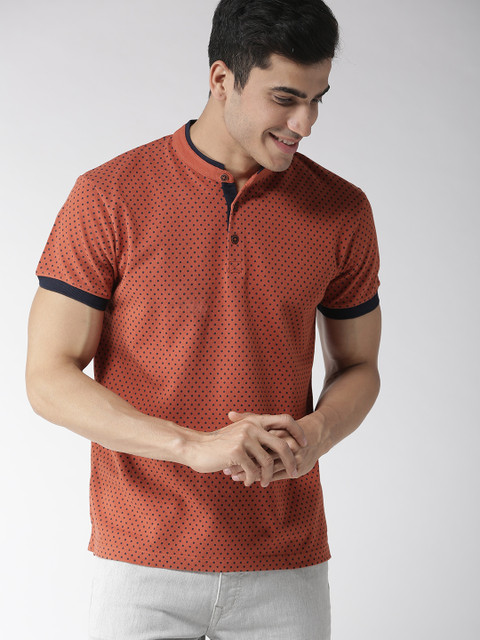 

Mast & Harbour Men Rust Orange & Navy Blue Printed Mandarin Collar T-shirt