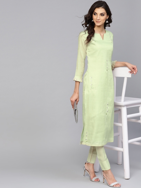 

Inddus Women Green Embroidered Kurta with Trousers