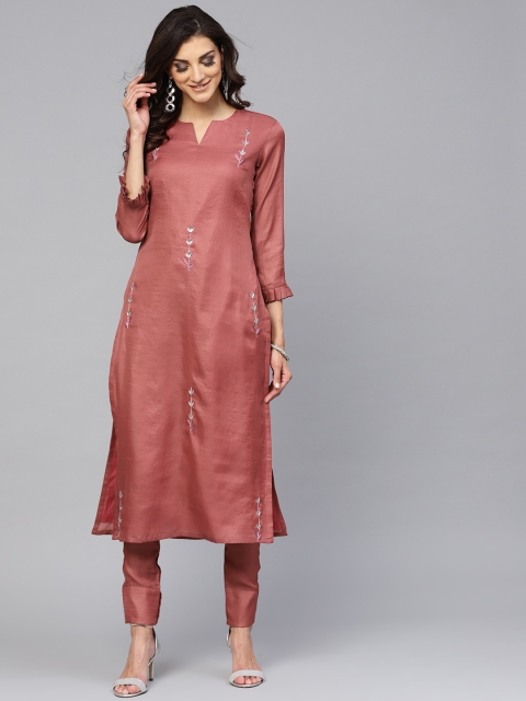 

Inddus Women Rust Red Embroidered Kurta with Trousers