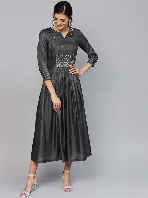 

Inddus Women Charcoal Grey Embellished A-Line Dress