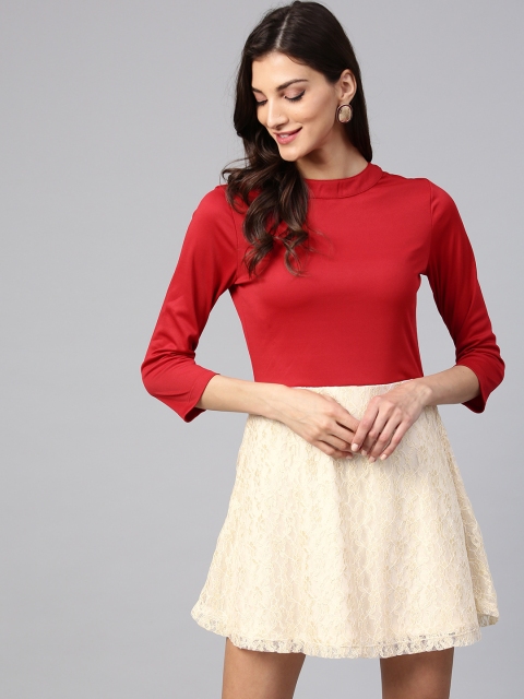

STREET 9 Women Red & Cream-Coloured Colourblocked Fit & Flare Dress