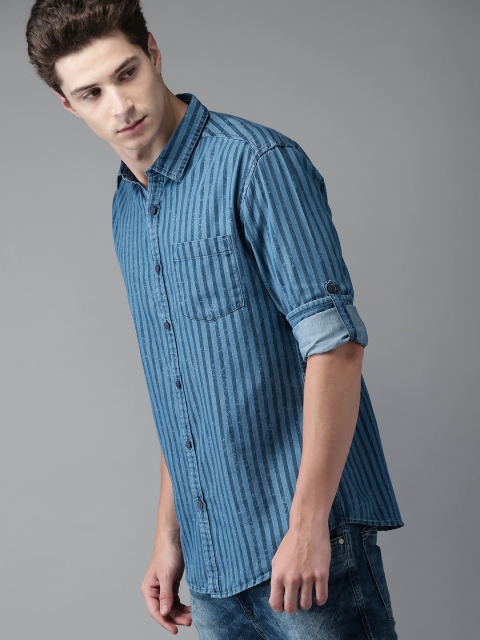 

Moda Rapido Men Blue Slim Fit Striped Chambray Casual Shirt