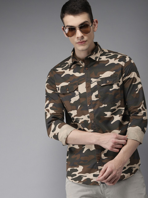 

Moda Rapido Men Olive Green & Beige Slim Fit Camouflage Printed Casual Shirt